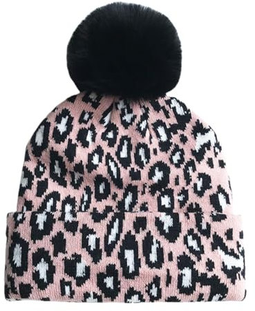 KRUIHAN Doppellagige Warme Damen Mütze Winter Leopardenmuster Strickmütze Beanie, Rosa