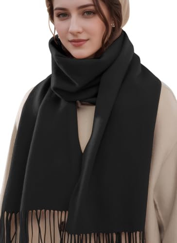 MEDUOLA Damen Winter Schal aus weichem angenehmem Material große einfarbige Pashmina mit fransen Pashmina Tücher und Umschläge Schwarz
