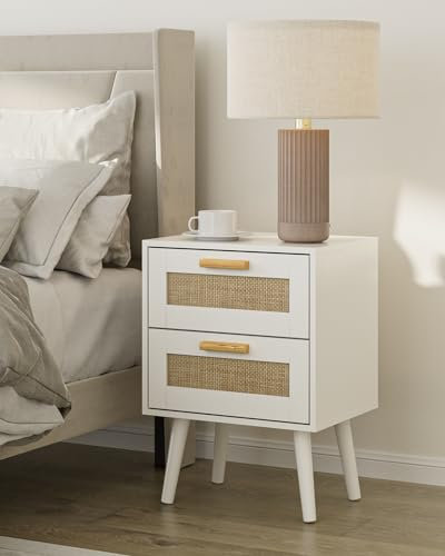 HEYZOEY Nachttisch Rattan, Beistelltisch mit Schublade, Nachtkommode mit Holz Beine für Schlafzimmer, Wohnzimmer (White-2Drawer)