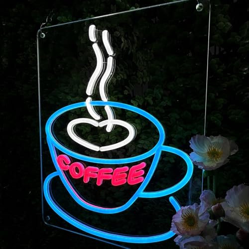 YALLOVE Kaffee Neonschild, Dimmbares tanzendes LED Kaffee Neonschild mit Fernbedienung für Cafe Shop, Kaffee Bar, Restaurant Shop Wanddekoration (Rechteck, 43 x 33 cm)
