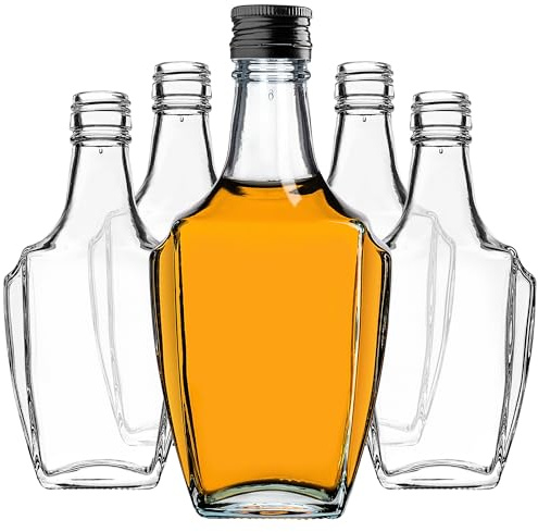 KADAX Glass Bottles 250 ml with Screw Cap, Pack of 5, Empty Bottles for Filling, Glass Liquor Bottles, Small Shot Bottles, Juice Bottles (Black)