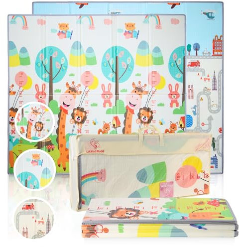 LITTLE BLISS,Alfombra Bebe 200x180 cm, 1 cm Grosor, Bordes Reforzados, XPE Acolchada, Reversible y Plegable, Diseño Infantil, Antideslizante, Impermeable, Tapete de Juegos para Niños (GIRAFFE EDITION)
