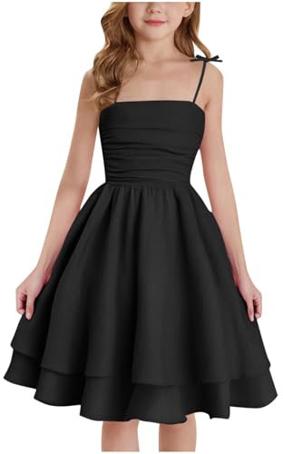 duxyoz Girl's Summer Dresses Spaghetti Strap Swing Pleated Cotton Dress Tween Kids Flowy Front Ruched Boho Beach Casual Midi Sundress for Princess Birthday Party Wedding Prom Gown Black 11-12 Years