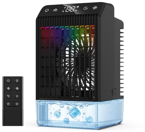 Condizionatore Portatile con Display, 4 IN 1 Climatizzatore Portatile con Telecomando, 4 Velocità 1000 Ml Raffreddatore D'aria Serbatoio Temporizzato Con Spray e Luce, Mini Condizionatore Senza Tubo