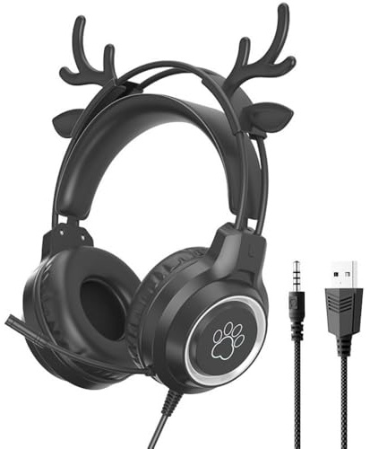Rocky Green MEOW Series Gaming Headset with LED Cat Ears - Detachable Design, Crystal-Clear Communication, Multi-Platform Compatibility for PC/Switch/Tablet (Antlers Black)