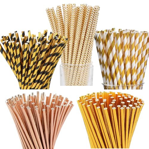 125 Stück Cocktail Strohhalme, Gold Gestreift, Gepunktet Dot Papier Trinkhalm, 5 Styles Papier Strohhalme für Hochzeit, Geburtstag, Party, Cocktail Deko