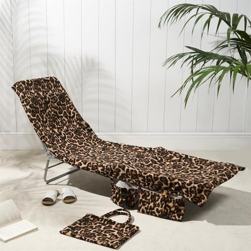 Brentfords Strandtuch in Einer Tasche, weich, schnelltrocknend, saugfähig, großes Strandtuch mit Taschen für Reisen am Pool oder Strandtage, 75 x 215 cm – natürlicher Leopardendruck