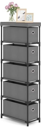 COSTWAY schmaler Kommode mit 5 Schubladen & Metallrahmen & Holzplatte, Aufbewahrungsturm Kleidung Organizer, Platzsparende Stoffkommode für Wohnzimmer, Büro, Kleiderschrank, Flur (grau)