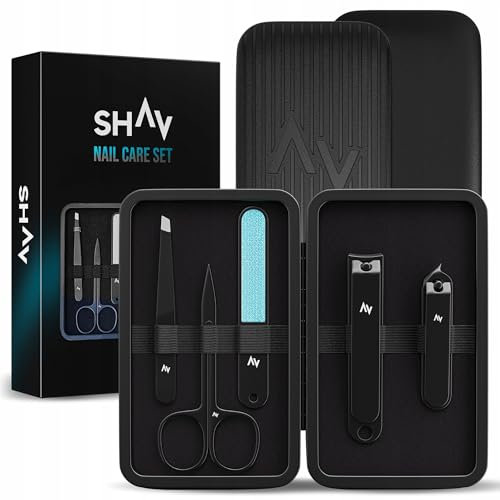 Maniküre Set Männer Shav 5 teilig Nagelpflege Set aus Edelstahl mit Etui Schere Nagelknipser Feile Pinzette Pediküre kompakt für Reise und Zuhause