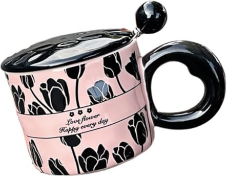 HUMOCHUSON Con Asa Taza De Café De Cerámica Con Forma De Tulipán Rosa De 350 Ml Con Cuchara - Llena De Flores