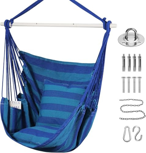 Goutime Hängesessel aus Baumwolle, 2 Kissen, Deckenhaken & Tragetasche | inkl. Tragetasche, Indoor, Garten & Balkon Hängeschaukel, max. 150 kg Tragkraft, Blaue Streifen