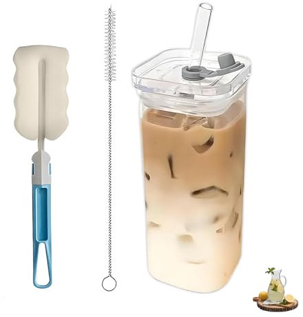 3 PCS 400ml Glass Cups with Lids and Straws Set, Square Glass Tumbler with Straw and Lid, Transparent and Minimalist Iced Coffee Glasses Suitable for Office Travel and Home use Ice Coffee Cup