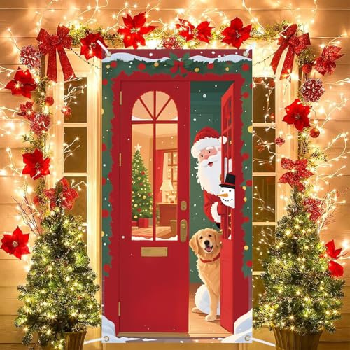 Couverture de Porte de Noel, Père Noël Bannière De Porte Noël Suspendue Bannière, Noël porte Extérieure Décoration, Décorations Noël bannière De porte pour Vacances Hiver Porte Entrée Maison 185x90cm