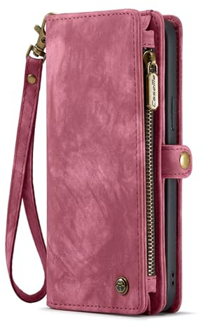 Unichthy Case for iPhone 17 Pro Max Zip Cover [2-in-1 Wallet Case/Detachable Slim Pocket Cover] Large Zipper Space with Strap Shockproof Premium Leather Flip Handbag Purse for iPhone 17 Pro Max Red