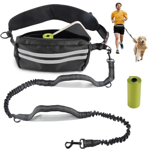 Joggingleine Hunde, Handsfree Laufleine mit 2 Griffen, Reflektierende Nähte, Abnehmbare Gürteltasche, Bauchgurt Hundeleine Zum Joggen und Wandern, Inkl. Kotbeutel,Geeignet für Kleine Mittelgroße Hunde