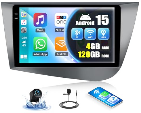 CAMECHO 4+128G Android 15 Android Autoradio für Seat Leon 2005-2012 mit Rückfahrkamera AHD, 9 Zoll Navi Radio mit Bluetooth Wireless Carplay Auto, FM/RDS WiFi GPS Mirror Link Incell Touchscreen 2Din