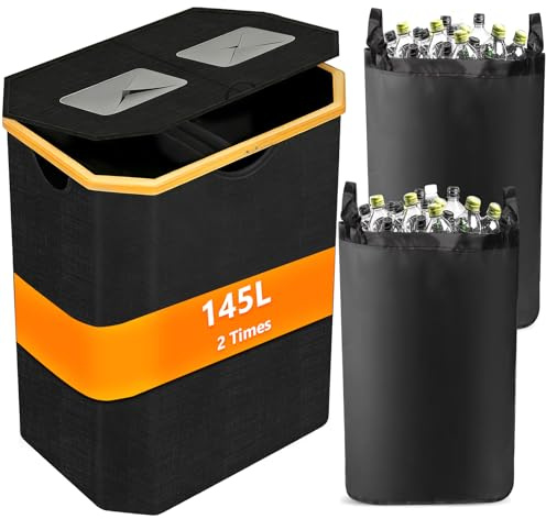 EUZLABBY Collecteur Bouteilles 150L,Pliable avec Sac Amovible | Grande Capacité, Anti-Odeurs & Lavable – Idéal pour Verre, Plastique, Conserves – Pour Cuisine, Cellier, Garage et Recyclage