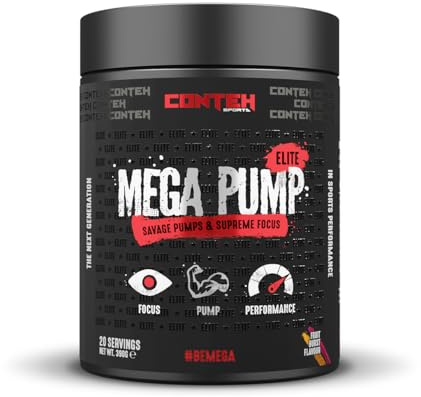 Conteh Sports Elite Mega Pump, Full Focus Stim-Free Strong Pump Pre Workout Formula with L Citrulline & Glycerol 20 Servings (390g, Fruit Burst)
