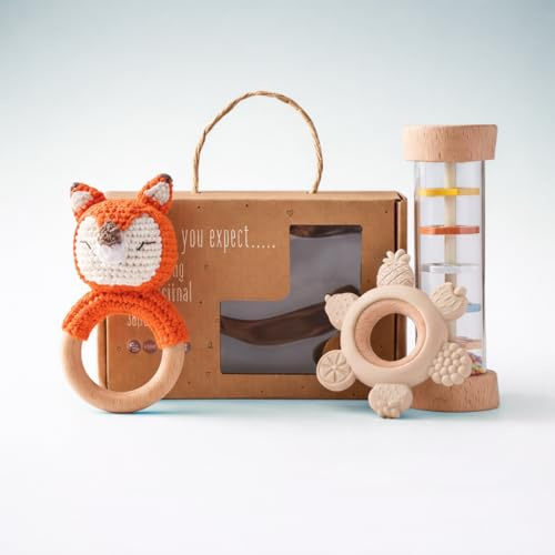 AURÉLIE & CO. Baby Rassel & Greifling Set Fuchs – 3-tlg. Montessori Holzspielzeug – Geschenk zur Geburt & Taufe – Babyspielzeug 0–12 Monate – BPA-frei