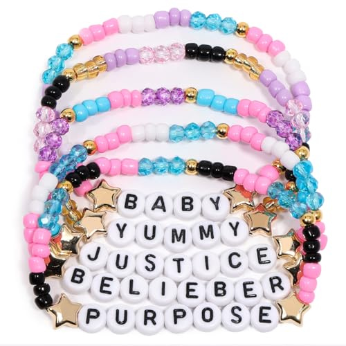AICase für Justin Bieber Merch Armbänder, 5 stapelbare elastische Perlen-Freundschaftsarmbänder,passend zu Konzertoutfits, Vinyl, Postern und Aufklebern,für Fans zum Geburtstag und Weihnachten