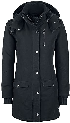 RED by EMP Damen gefütterte schwarze Winterjacke mit abnehmbarer Kapuze und modischen Schulterklappen