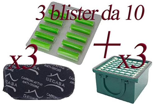 Profumini al Pino + Filtro Carboni Attivi + Filtro Microfiltrante Igienico Hepa per Vorwer Folletto vk130 - vk131 - Garanzia 24 Mesi SG group (30 Profumini + 3 Filtro Carboni + 3 Filtro Hepa)