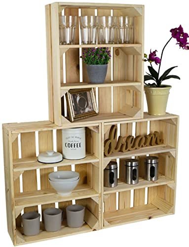 Kistenkolli Altes Land flache Obstkiste Wilma mit zwei Einlegeböden/Zwischenbrettern ca 50x40x16cm/ Regalkiste Gewürzregal Apfelkiste/Weinkiste (3er set Natur)
