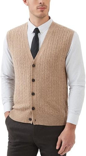 Kallspin Hombres de Lana Blend Chalecos Suéter V Cuello de Punto de Cable sin Mangas de Tejido Tricotado Botón Cardigan
