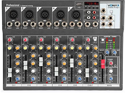 Vonyx VMM-F701 - DJ Mischpult, 7 Kanal DJ Mixer, Audio Mini Mischpult, Sound Mixer, 3-fach Klangregelung, Mikrofonanschluss, Kompakt, 48V, RCA, 5x MIC-Mono, XLR, Jack, USB, Grau