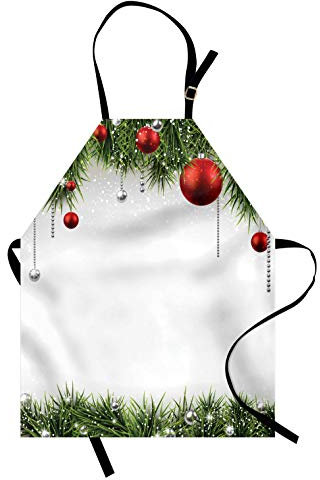 ABAKUHAUS Navidad Delantal de Cocina, Adornos Clásicos de Navidad Ornamentos Árbol Conífera Pino Rama Guirnalda Estampa, Apto para Uso en Interiores y Exteriores Resiste la Suciedad, Verde
