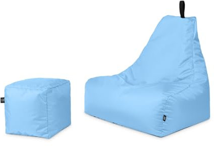 PATCH HOME Patchhome Sitzsack Lounge Sessel + Würfel/Hocker mit Reißverschluss Gamer Sitzkissen fertig mit Styropor Füllung befüllt H:82cm | T:70cm | B:75cm + 35x35cm Würfel Hellblau