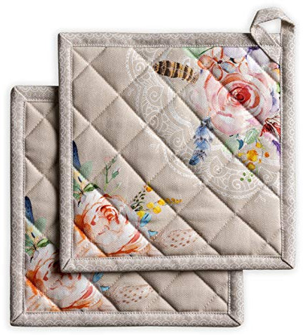 Maison d' Hermine Topflappen, 100% Baumwolle, hitzebeständig, Set mit 2 Hotpads mit Schleife zum Backen, Grillen, Mikrowelle, Umgang mit heißen Pfannen, Ibiza - Beige – Frühling/Sommer (20cm x 20cm)