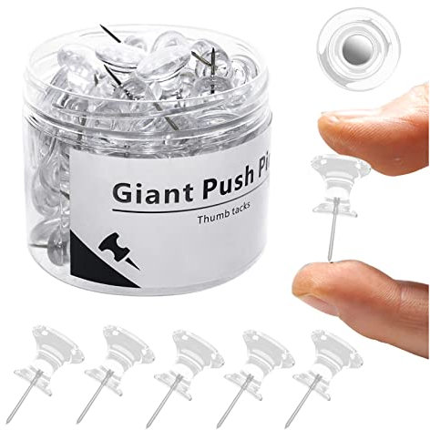 UpdateClassic, Große Reißzwecken für Korktafeln, transparente Reißnägel für Pinnwände, Jumbo-Pinnnadeln für Wand, lange Reißnägel, transparent, 60 Stück