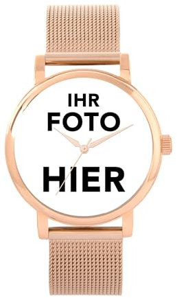 Toff London Personalisierte Fotogeschenke für Frauen, analoge Anzeige, japanische Uhr mit Quarzwerk und roségoldenem Mesh-Armband, maßgefertigte gravierte Uhr