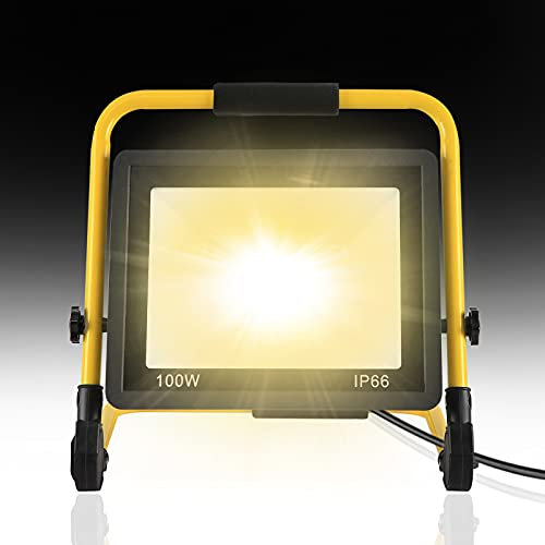 YRHome 100W LED Baustrahler Baustellen Arbeitsleuchte 8500LM Warmweiß LED Strahler Austellenlampe Floodlight inkl. Standgestell & 3m Netzkabel Flutlicht IP66 Wasserdicht für Garage Werkstatt Baustelle