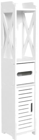 Badschrank schmal, 15,5 cm, mit Toilettenpapierhalter, 80 cm hoch | Toilettenschrank, Holz-Kunststoff-Platte, 4 Ebenen, Schublade, Türfach, feuchtigkeitsbeständig, weiß