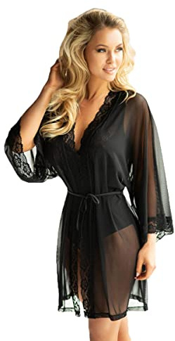 Kalimo Schwarzer Damen Morgenmantel transparent aus Tüll und Spitze Dessous Peignoir mit Blumenmuster Langarm