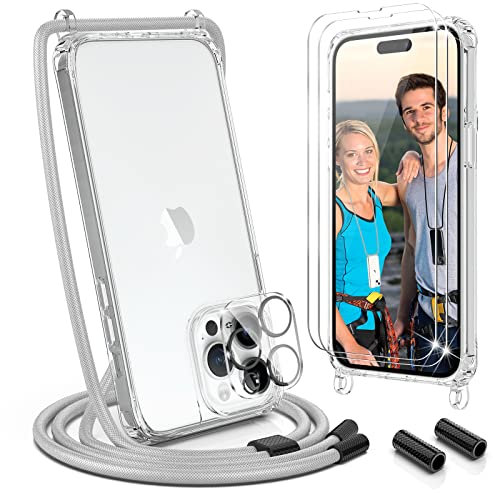 UYMO Handykette Hülle mit Band Für iPhone 14 Pro 6.1 - mit 2 Stück Schutzfolie & kameraschutz Glas, Necklace Transparent Handyhülle Case mit Schnur Abnehmbar,Schutzhülle zum Umhängen Kordel, Grau
