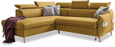 MIUFORM Ecksofa L-Form mit Bettfunktion und Kopfstütze | Sweet Harmony Ecksofa L-Form Wohnschlandschaft Schlafcouch (Senfgelb, Links ausgerichtet)