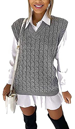 V Neck Sleeveless Jumper Cable Knitted Vest Tank Top Sweater UK 8-26 Standard Grey