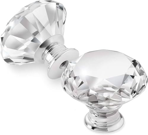 WARESHARK Crystal Door Knobs, 2pcs 25mm Crystal Drawer Carbinet Door Handle Puller with Screws for Home Kitchen Office Drawer Cupboard Closet