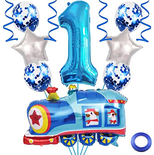 Weenkeey 1. Zug Geburtstag Dekoration 1 Jahre Geburtstag Zug Luftballons Zug Folienballons Blau Zahl 1 Helium Ballon für Eisenbahn Motto Party Junge Geburtstag Party Supplies
