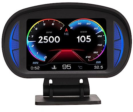 Fydun Auto HUD Display OBD2 Modus mit Neigungsmesser Kompass Geschwindigkeit Drehzahl Warnfunktion Universell Wasserdicht und Feuchtigkeitsbeständig für Autos