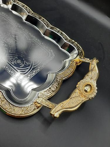 vassoi marocchino da 44 cm rettangolare con zecchini per servire il tuo buffet, vassoio in acciaio inox con bordo decorativo, maniglie in zinco pressofuso, cromato dorato (medio)