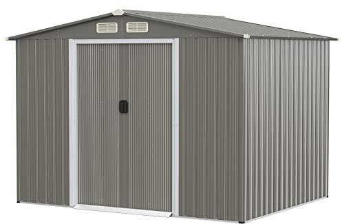 GYMAX Casetta da Giardino, con Base, 2 Porte Scorrevoli e 4 Sfoghi, Capanno in Lamiera di Acciaio e Lamiera Zincata, Ideale per Porta Attrezzi, Tosaerba (Grigio chiaro)
