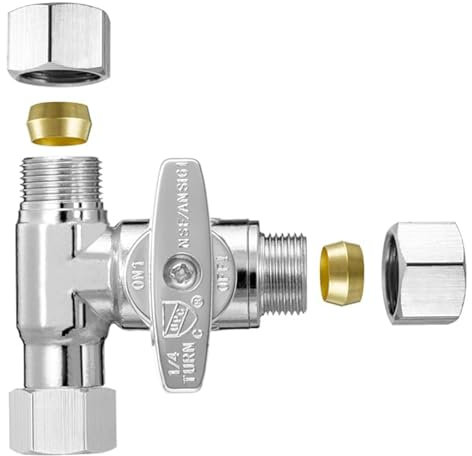 T-Absperrventil (3/8 Zoll x 3/8 Zoll x 3/8 Zoll) – bleifreies T-Ventil für Wasserhähne, Geschirrspüler, Kühlschränke, Eismaschinen, RO-Wasserfilter, Toiletten, Bidets – Gewinde 1/4 Drehung Messing