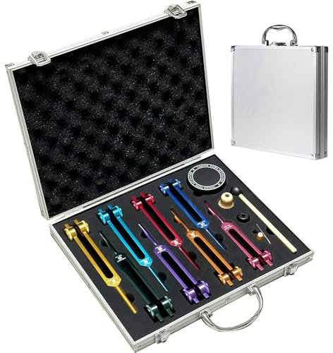 RATSTONE Diapason Therapeutique,Set de 8 diapasons avec base + 1 marteaux en silicone et chiffon de nettoyage, idéal pour la guérison des chakras, la guérison par le son et l'anti-stress.