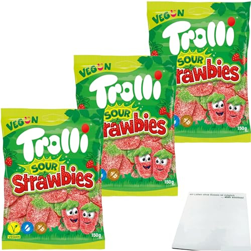 usy Bundle für Trolli Sour Strawbies sauer gezuckerte Fruchtgummi-Erdbeeren 3er Pack (3x150g Packung) + usy Block