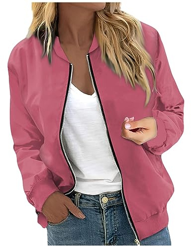 LUNULE Sommerjacke Damen Leicht Kochjacke Einfarbig Kurz Coat Luftig Blouson Jacke Mit Reißverschluss Casual Womens Jacket Zip-Up Sweatshirt Kragen(Hot Pink,M)