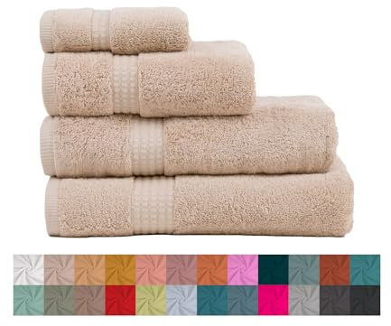 TRAMAS+ Juego de Toallas Premium 700gr de 4 Piezas, 100% Algodón, 2 Toallas de Mano 50x100 cm y 2 Toallas de baño de 70x140cm, Extra Suaves, Secado Rápido, Alta Absorción - Topo